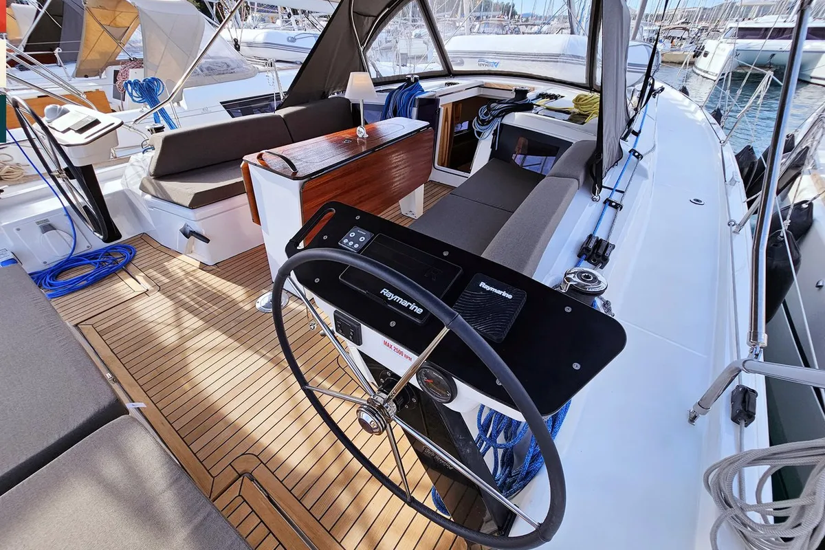 Cockpit of Ella, a Dufour 41 sailboat at Općina Rogoznica, Croatia