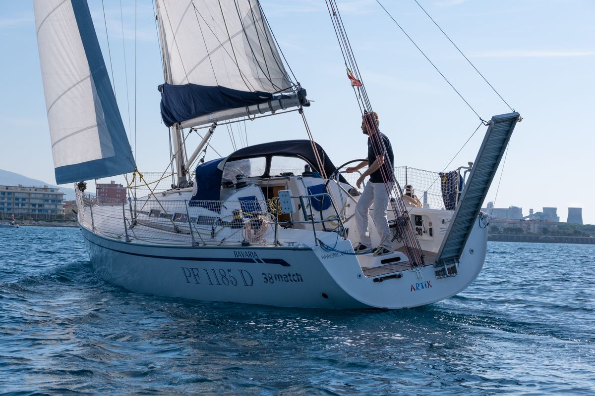 Exterior view of ARTIX, a Bavaria 38 Match sailboat at Rosignano Solvay, Italy