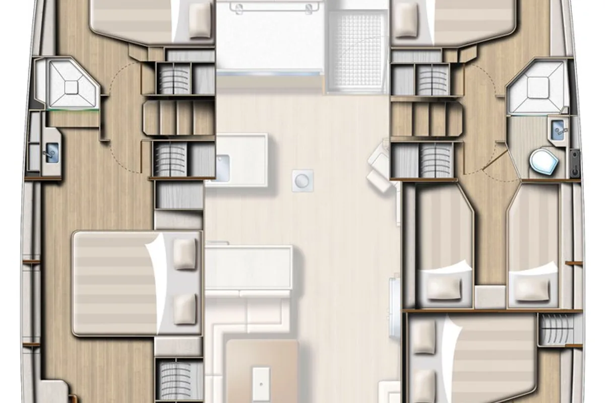 Floor plan of Fortune One, a Bali 5.4 catamaran at Lavreotiki Municipal Unit, Greece