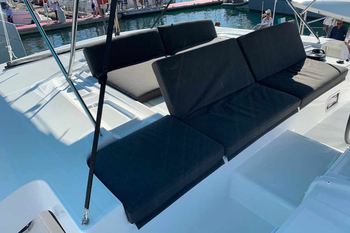 Deck of Dream Lagoon, a Lagoon 46 catamaran at Olbia, Italy
