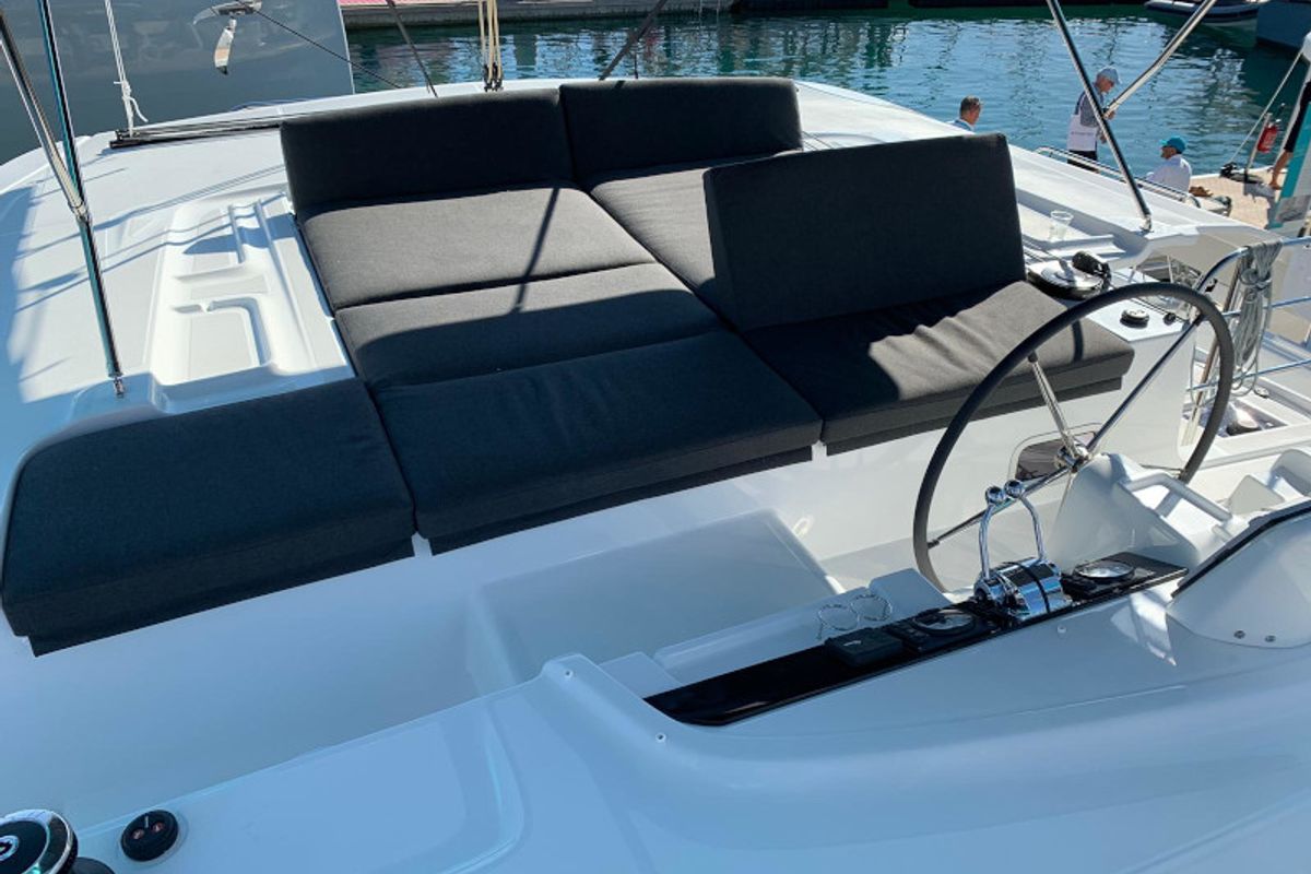 Cockpit of Dream Lagoon, a Lagoon 46 catamaran at Olbia, Italy