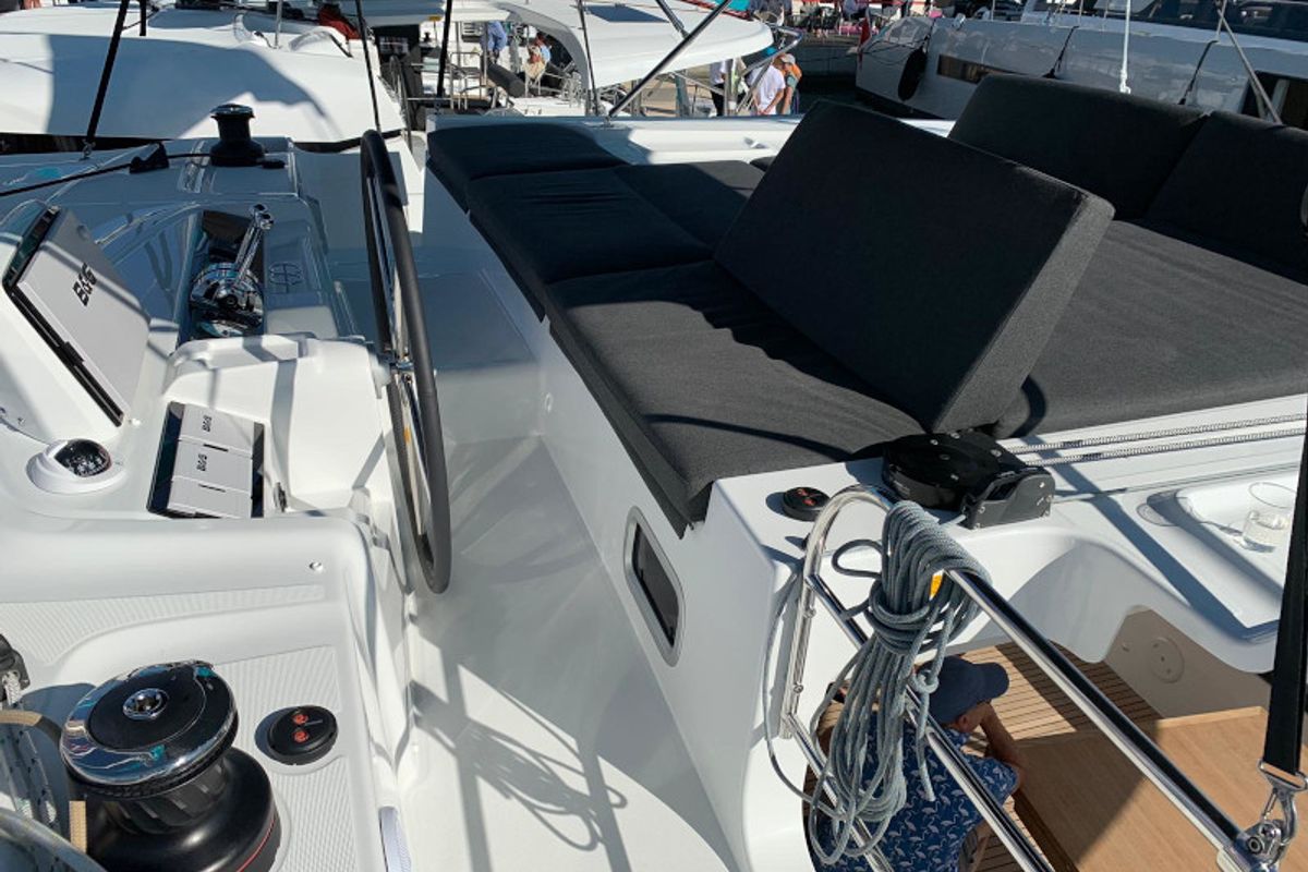 Deck of Dream Lagoon, a Lagoon 46 catamaran at Olbia, Italy