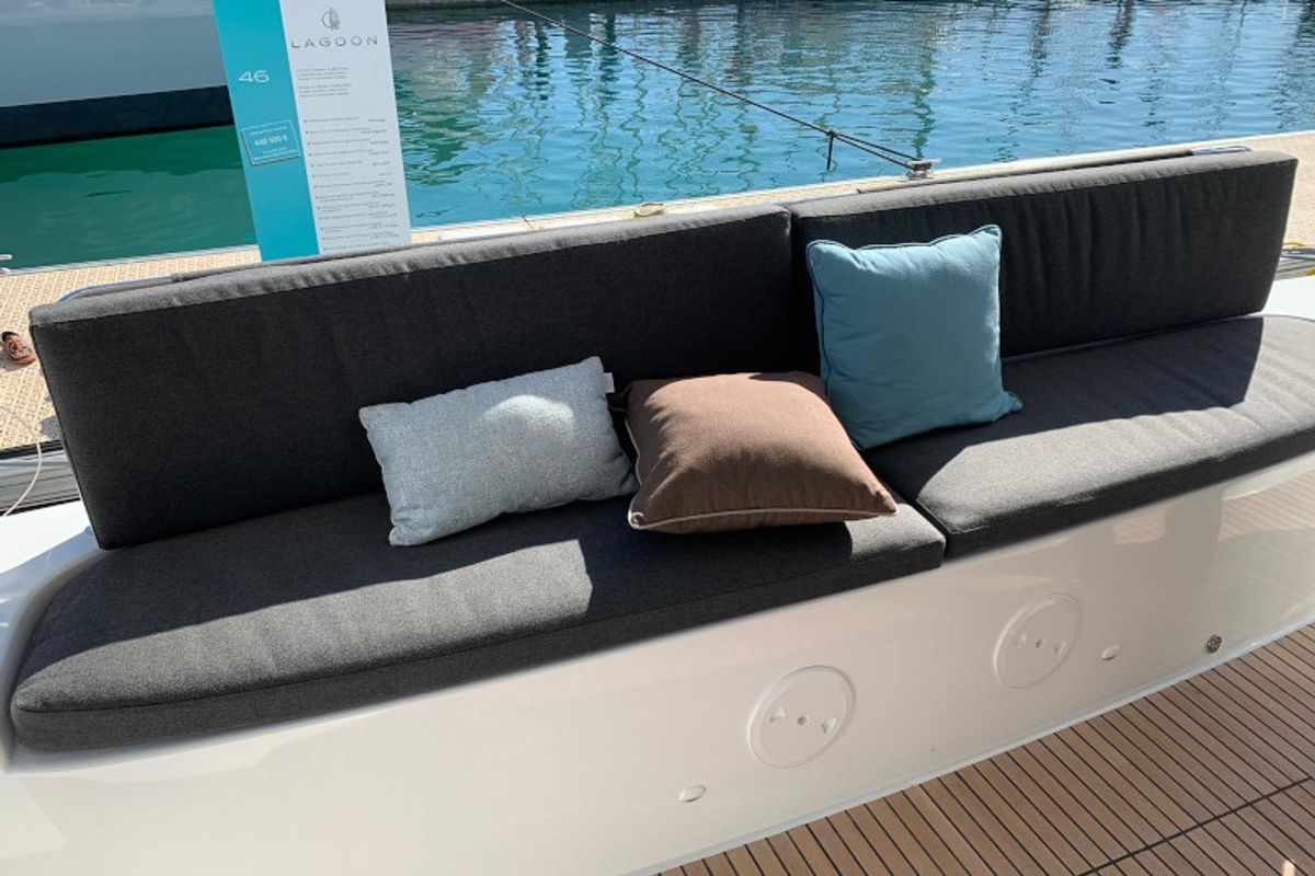 Deck of Dream Lagoon, a Lagoon 46 catamaran at Olbia, Italy