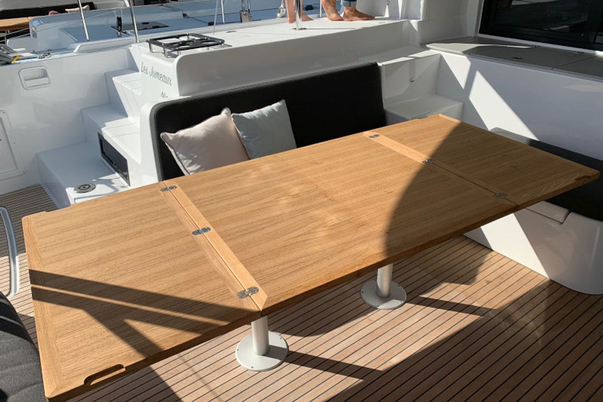 Deck of Dream Lagoon, a Lagoon 46 catamaran at Olbia, Italy