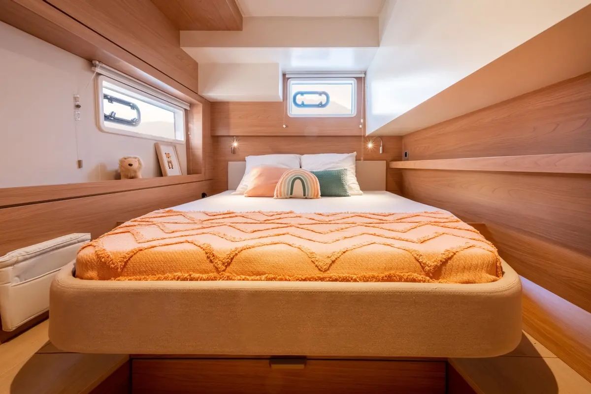 Cabin on Romar One, a Bali 4.4 catamaran at Athens, Greece