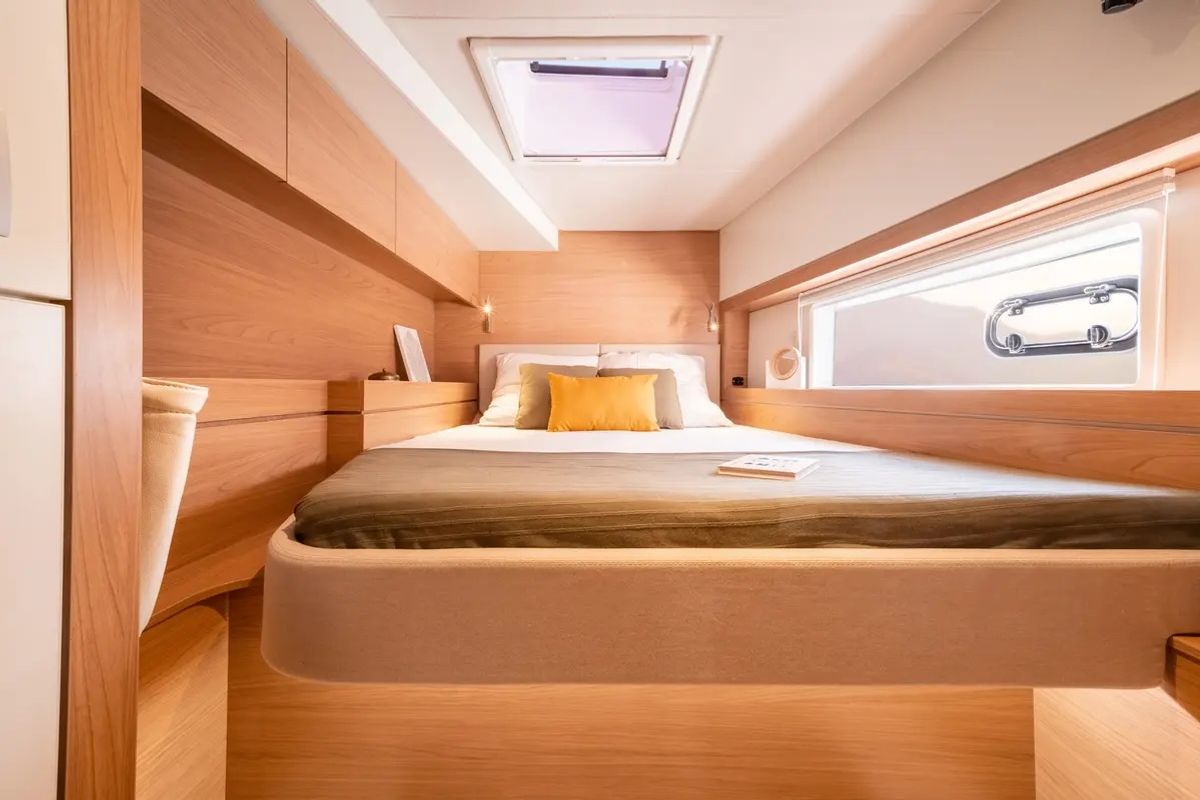 Cabin on Romar One, a Bali 4.4 catamaran at Athens, Greece
