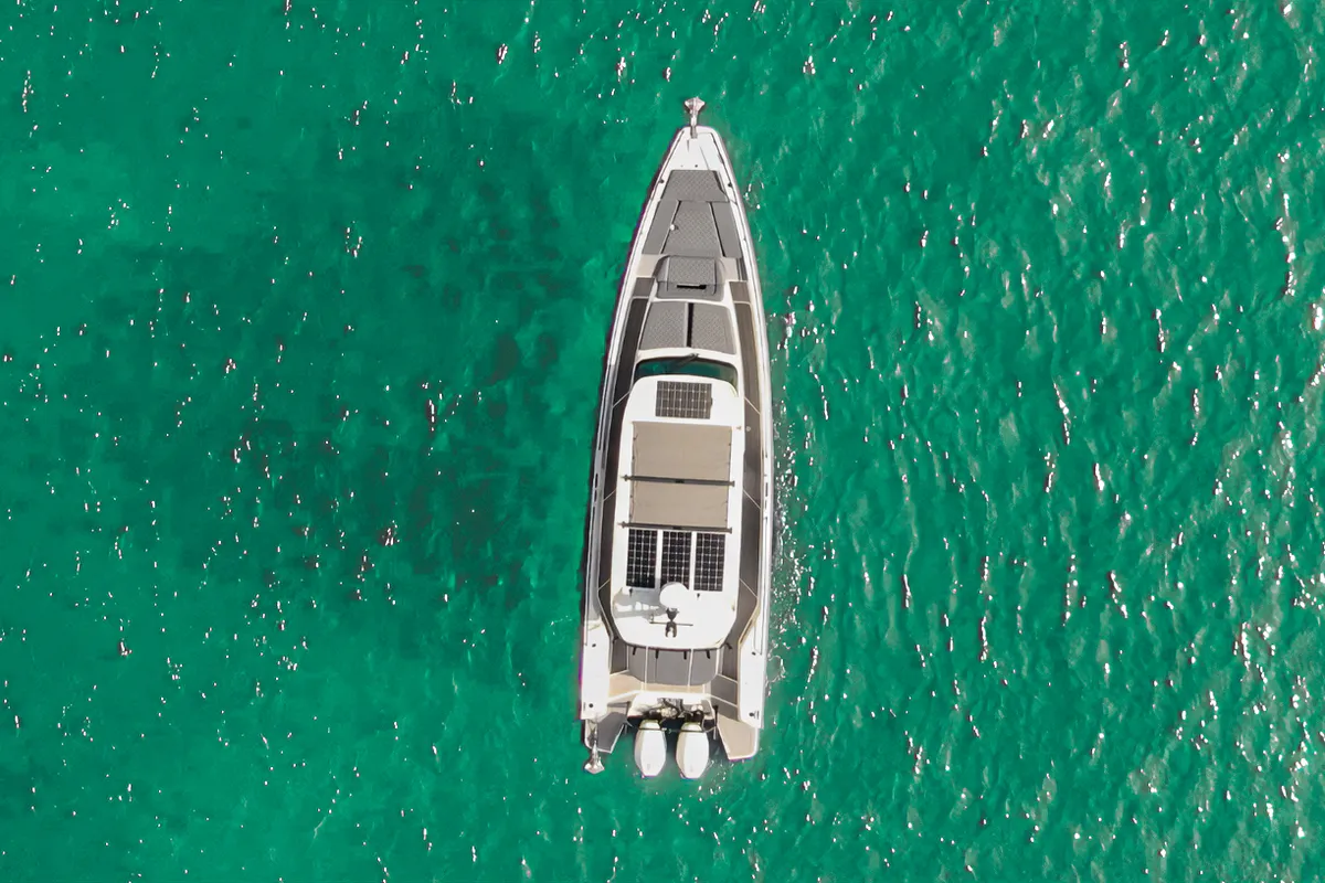 Exterior view of ENIGMA, a Axopar 37 Sun Top motorboat at Parikia, Greece