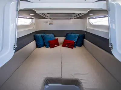 Cabin on ENIGMA, a Axopar 37 Sun Top motorboat at Parikia, Greece
