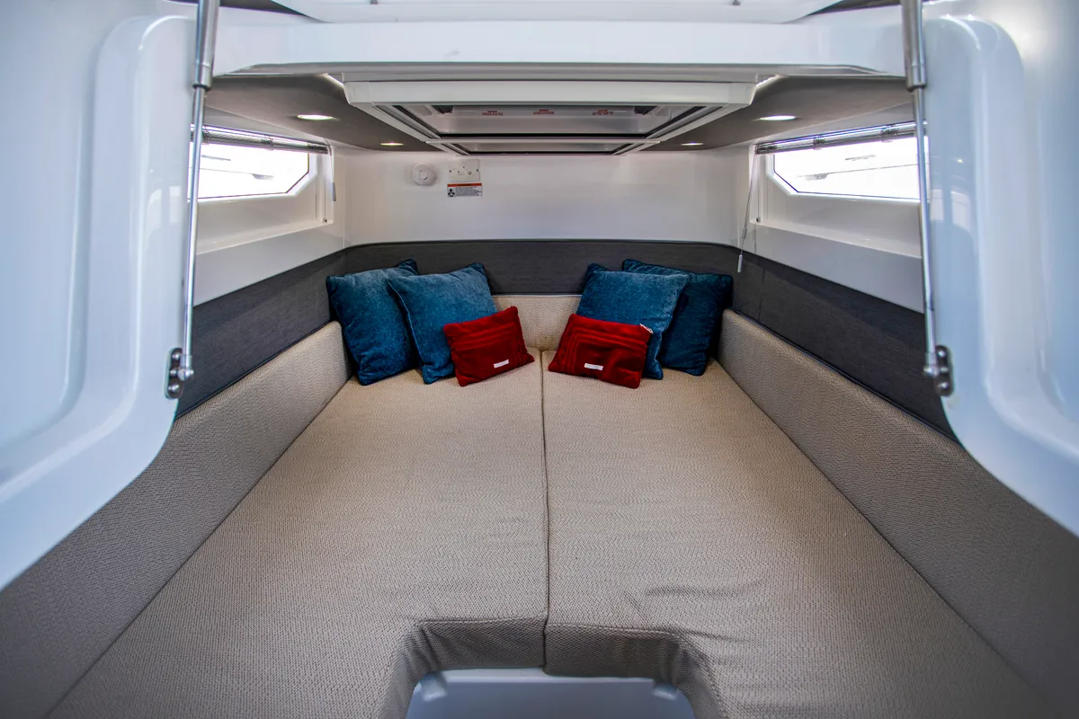 Cabin on ENIGMA, a Axopar 37 Sun Top motorboat at Parikia, Greece