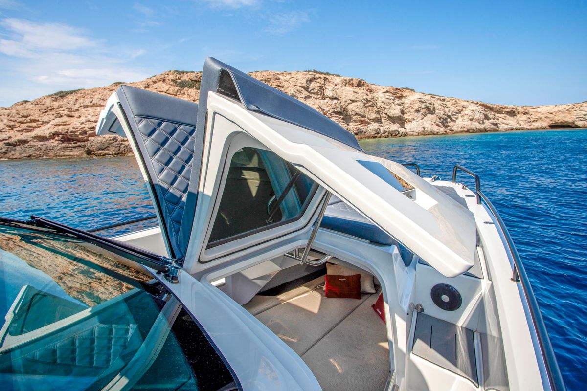 Cabin on ENIGMA, a Axopar 37  Sun Top motorboat at Parikia, Greece