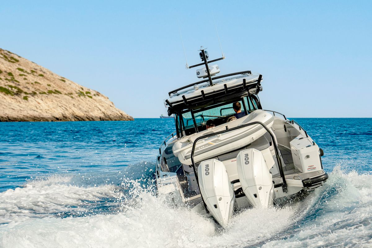 Exterior view of ENIGMA, a Axopar 37 Sun Top motorboat at Parikia, Greece