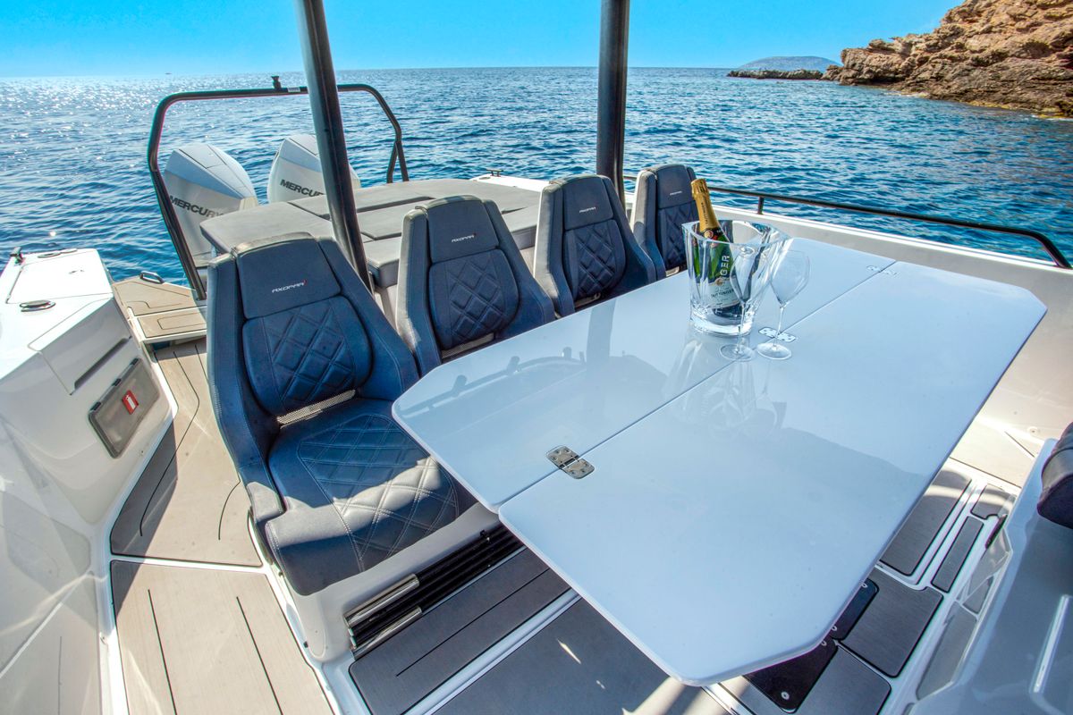 Deck of ENIGMA, a Axopar 37  Sun Top motorboat at Parikia, Greece