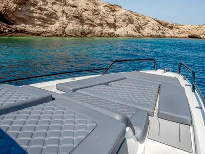 Deck of ENIGMA, a Axopar 37 Sun Top motorboat at Parikia, Greece