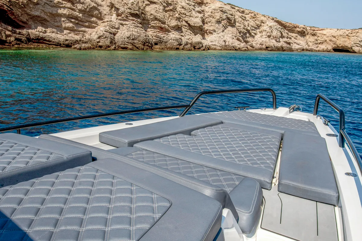 Deck of ENIGMA, a Axopar 37  Sun Top motorboat at Parikia, Greece