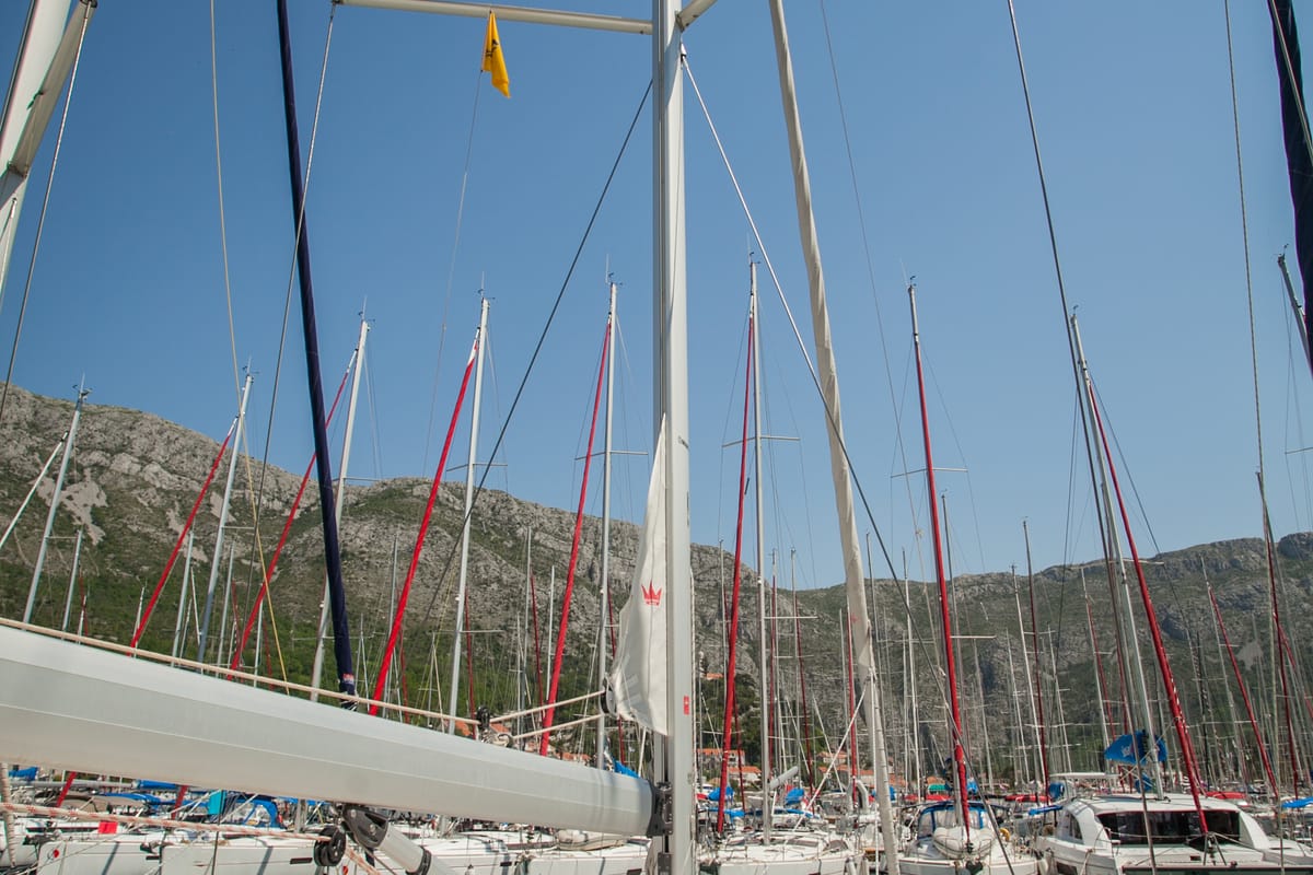 Exterior view of Fantasy, a Bavaria Cruiser 51 sailboat at Split, Croatia