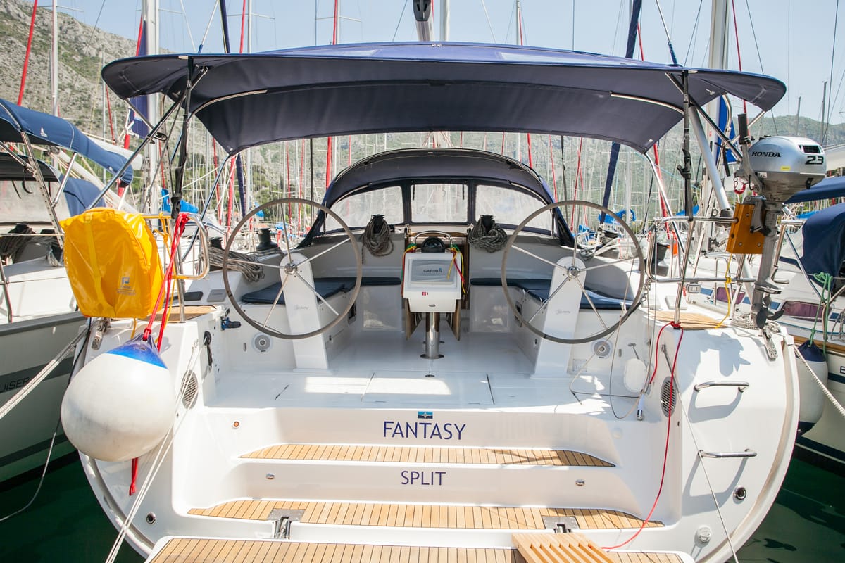 Cockpit of Fantasy, a Bavaria Cruiser 51 sailboat at Split, Croatia