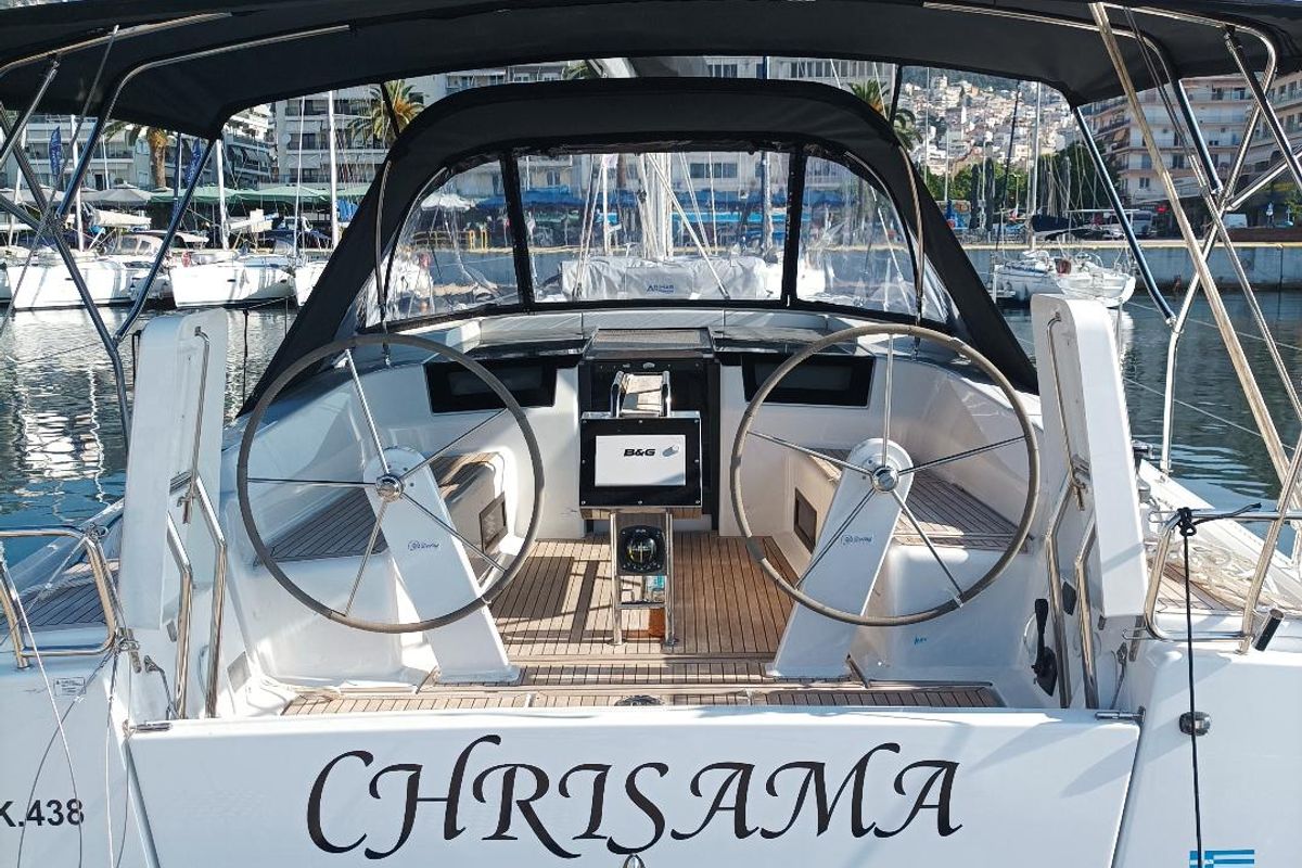 Cockpit of Chrisama, a Hanse Yachts Hanse 418 sailboat at Kavala, Greece