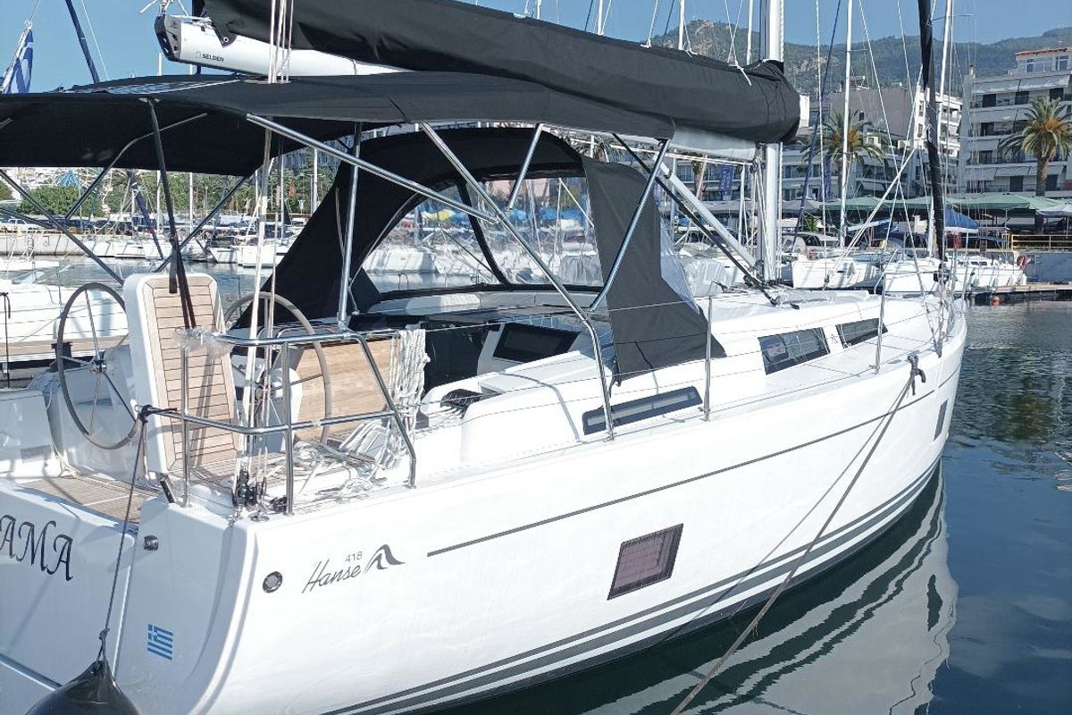 Exterior view of Chrisama, a Hanse Yachts Hanse 418 sailboat at Kavala, Greece