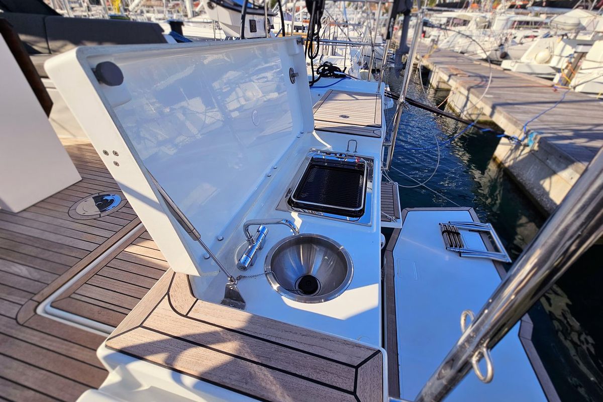Deck of Presto, a Dufour 44 sailboat at Grad Kaštela, Croatia