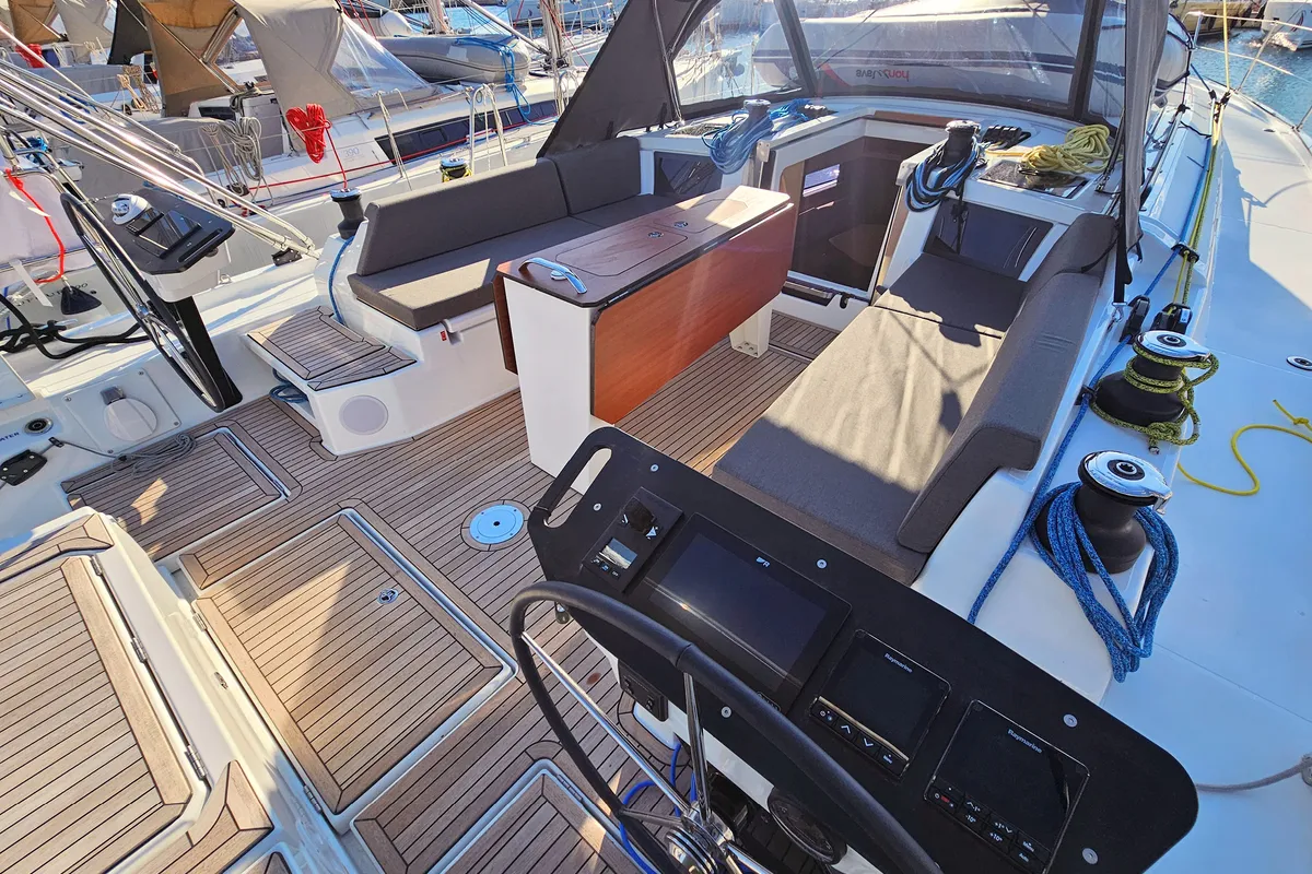 Cockpit of Presto, a Dufour 44 sailboat at Grad Kaštela, Croatia