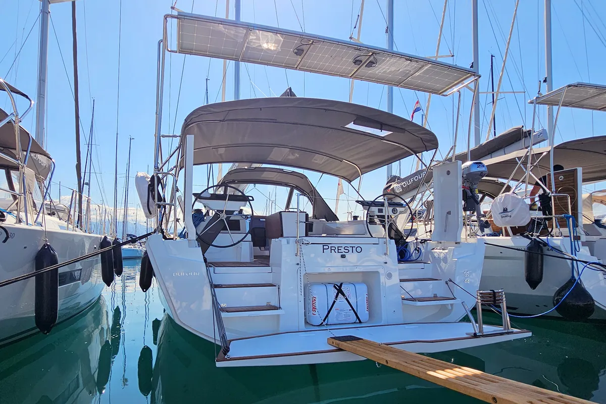 Exterior view of Presto, a Dufour 44 sailboat at Grad Kaštela, Croatia