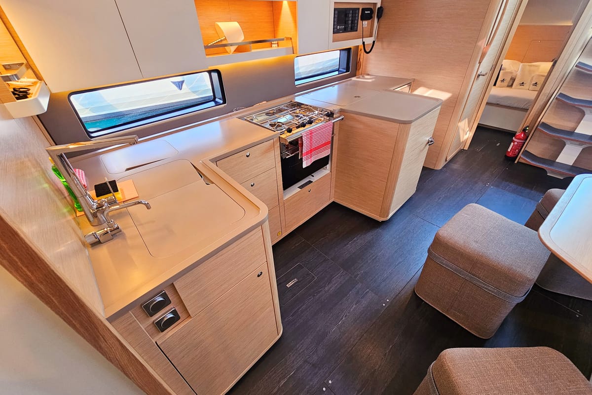 Galley of Presto, a Dufour 44 sailboat at Grad Kaštela, Croatia
