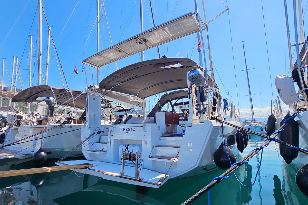 Exterior view of Presto, a Dufour 44 sailboat at Grad Kaštela, Croatia