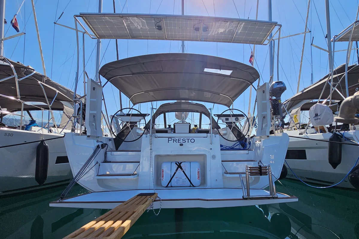 Exterior view of Presto, a Dufour 44 sailboat at Grad Kaštela, Croatia