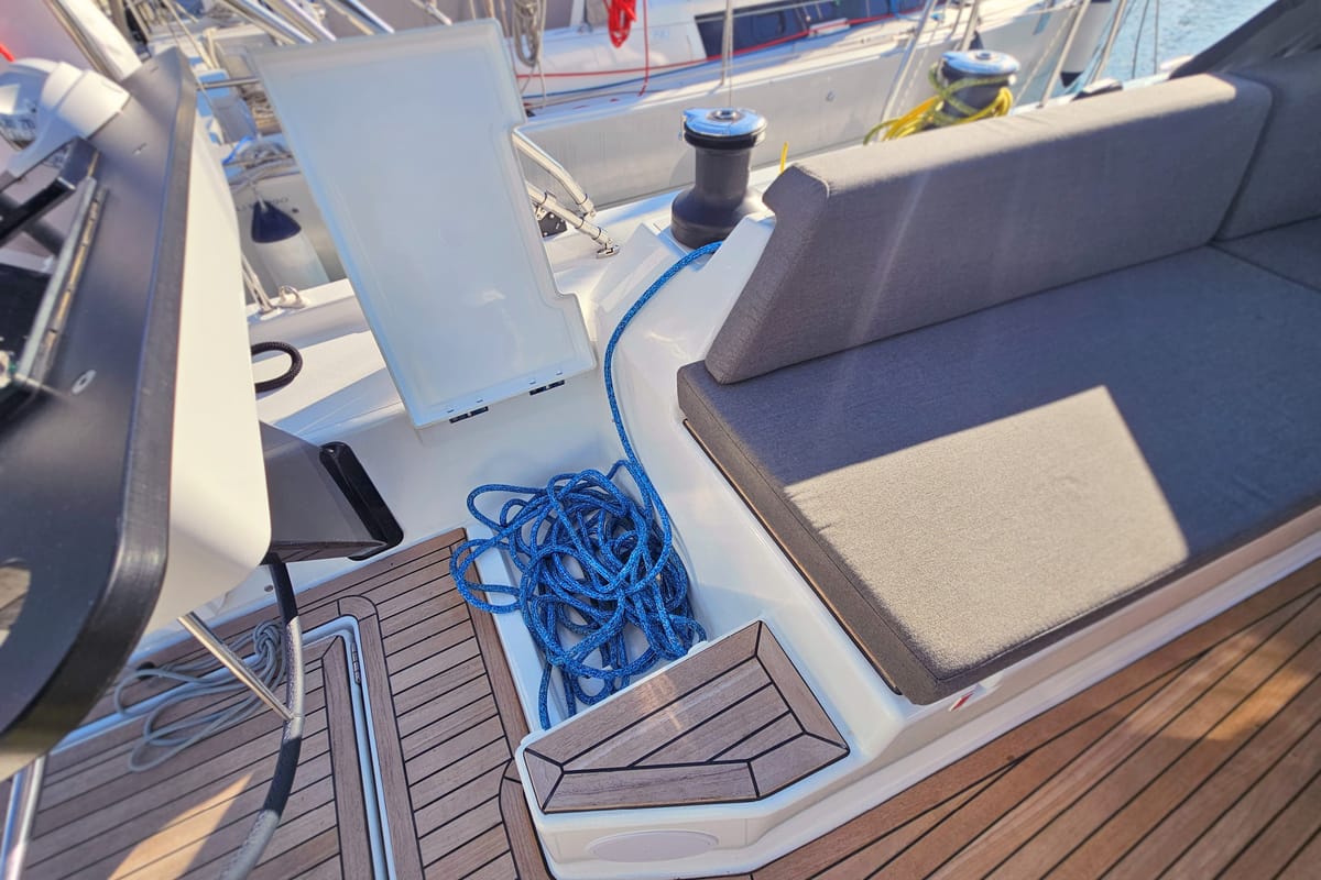 Deck of Presto, a Dufour 44 sailboat at Grad Kaštela, Croatia