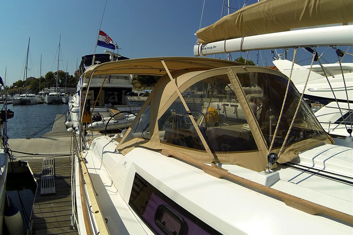 Deck of Major Tom, a Dufour 382 GL sailboat at Grad Šibenik, Croatia