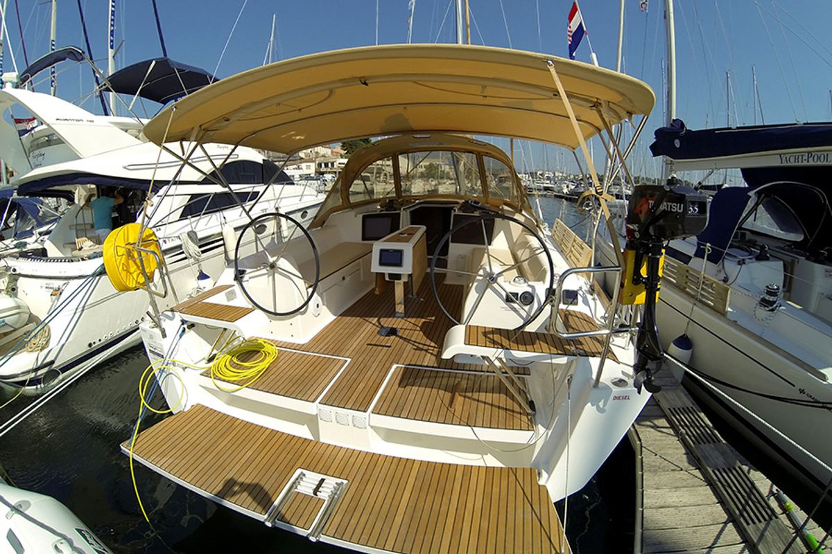 Deck of Major Tom, a Dufour 382 GL sailboat at Grad Šibenik, Croatia