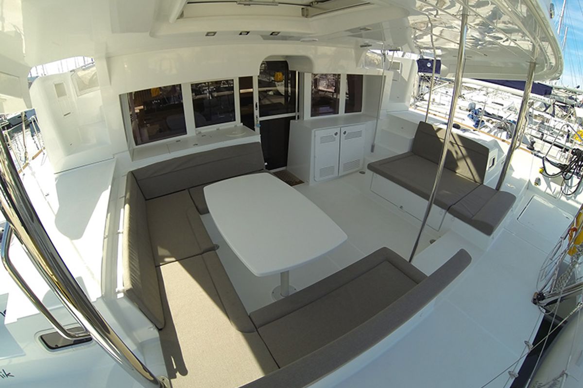 Deck of Marčelina, a Lagoon 450 catamaran at Grad Šibenik, Croatia