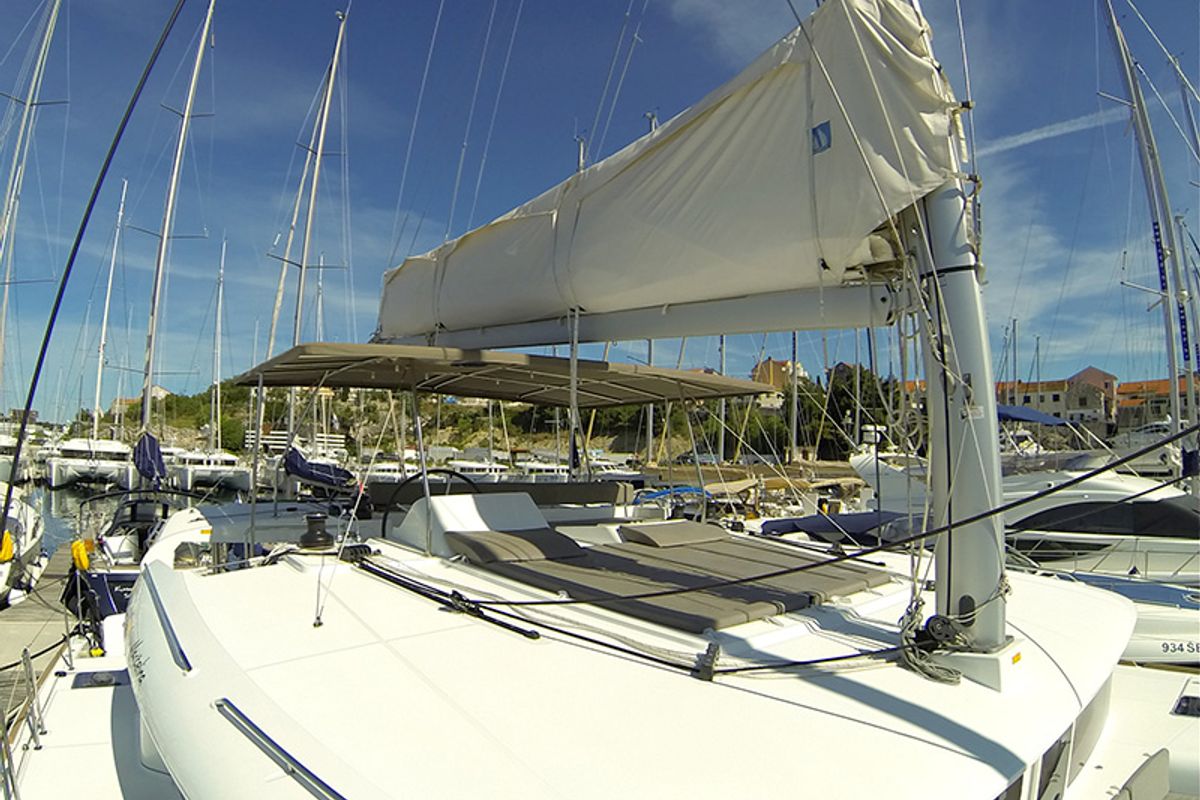 Deck of Marčelina, a Lagoon 450 catamaran at Grad Šibenik, Croatia