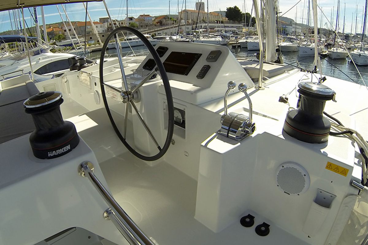 Cockpit of Marčelina, a Lagoon 450 catamaran at Grad Šibenik, Croatia