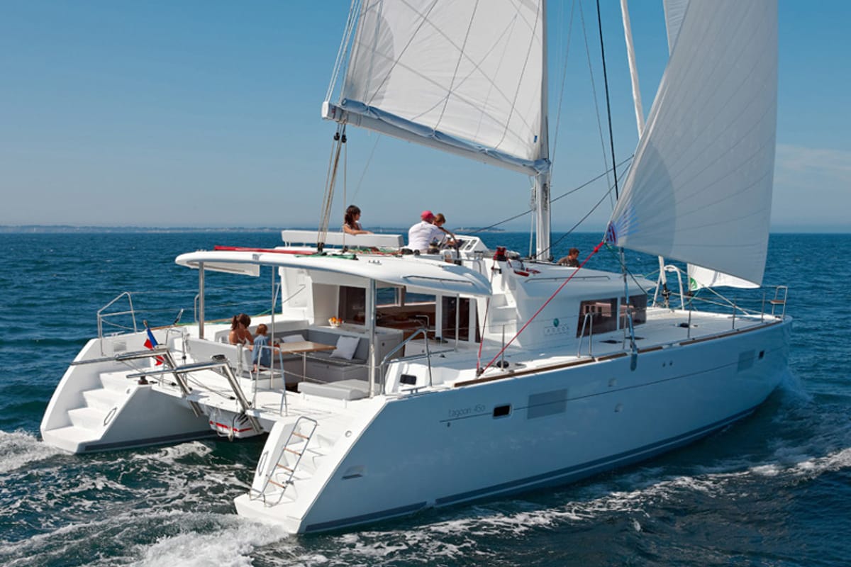 Exterior view of Marčelina, a Lagoon 450 catamaran at Grad Šibenik, Croatia