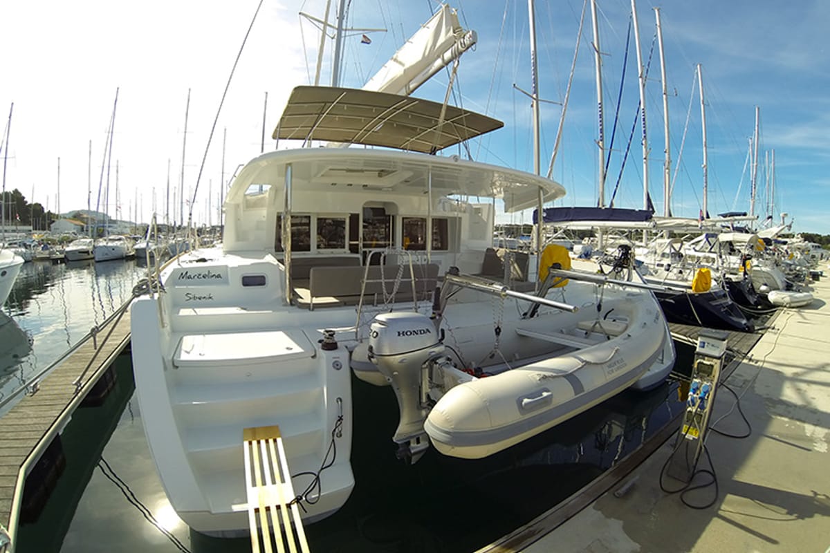 Exterior view of Marčelina, a Lagoon 450 catamaran at Grad Šibenik, Croatia