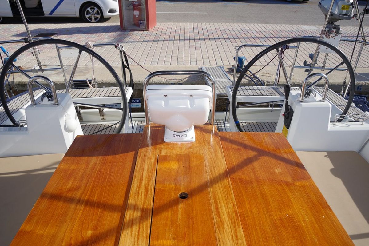 Cockpit of MOIN, a Beneteau Oceanis 38 sailboat at Port de Pollença, Spain