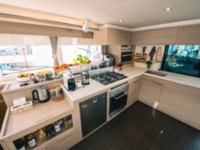 Galley of BLUE, a Lagoon 55 catamaran at Capo d'Orlando, Italy