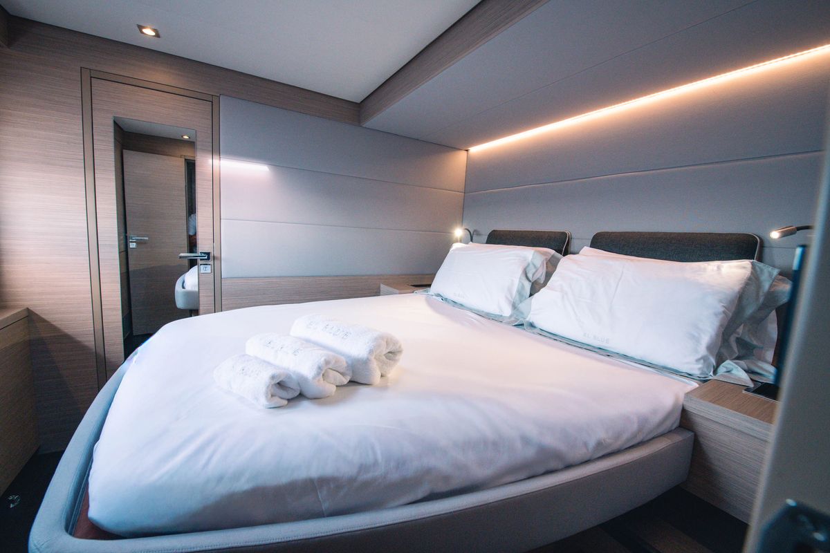 Cabin on BLUE, a Lagoon 55 catamaran at Capo d'Orlando, Italy