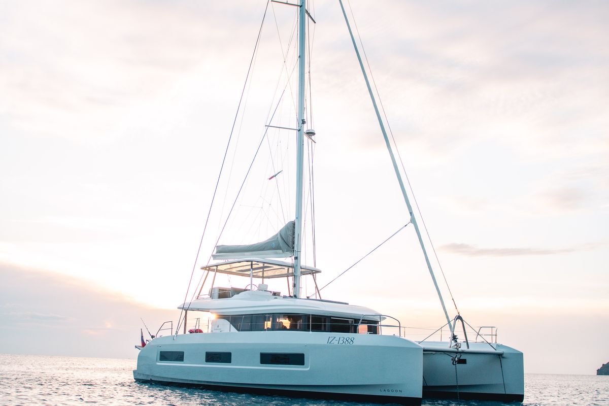 Exterior view of BLUE, a Lagoon 55 catamaran at Capo d'Orlando, Italy