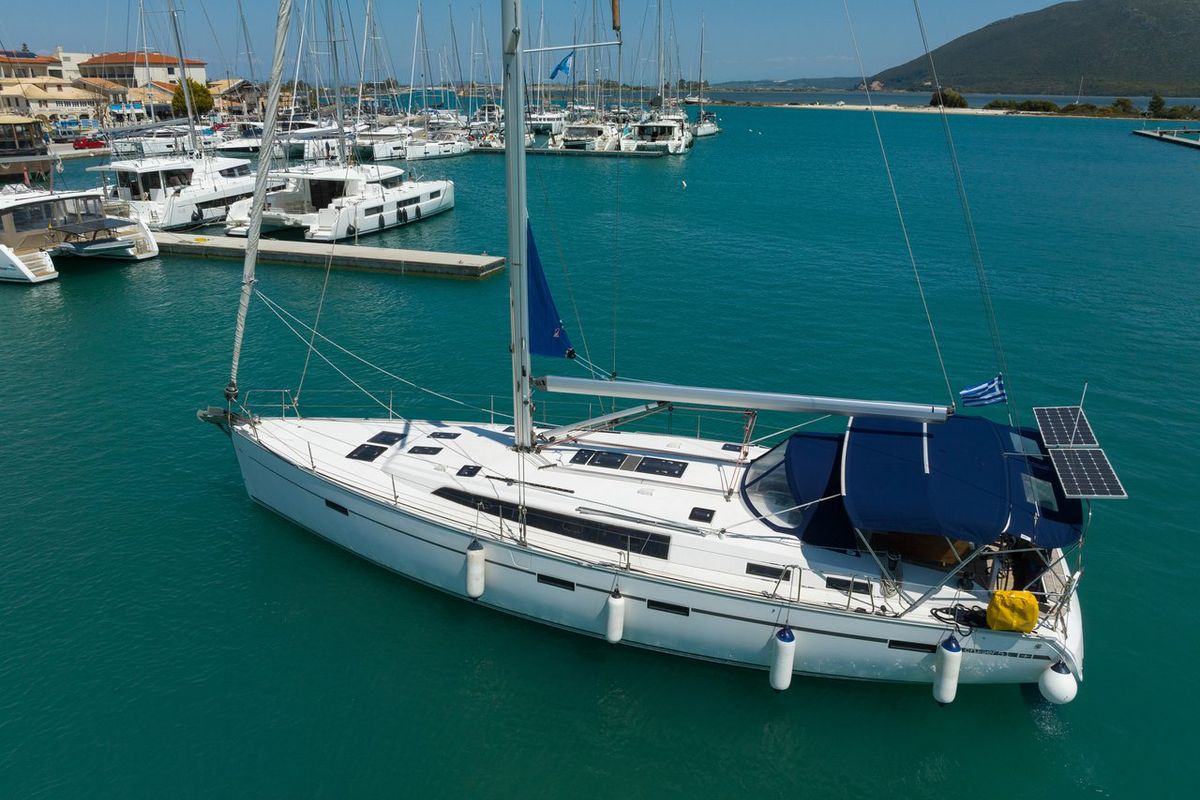 Exterior view of Roxane, a Bavaria Cruiser 51 sailboat at Municipal Unit of Lefkada, Greece