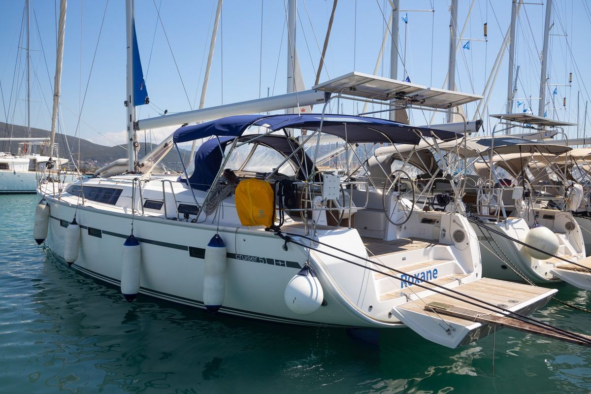 Exterior view of Roxane, a Bavaria Cruiser 51 sailboat at Municipal Unit of Lefkada, Greece