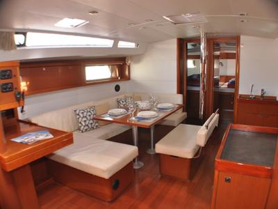 Salon of Cheeky Lady, a Beneteau Oceanis 48 sailboat at Punat, Croatia