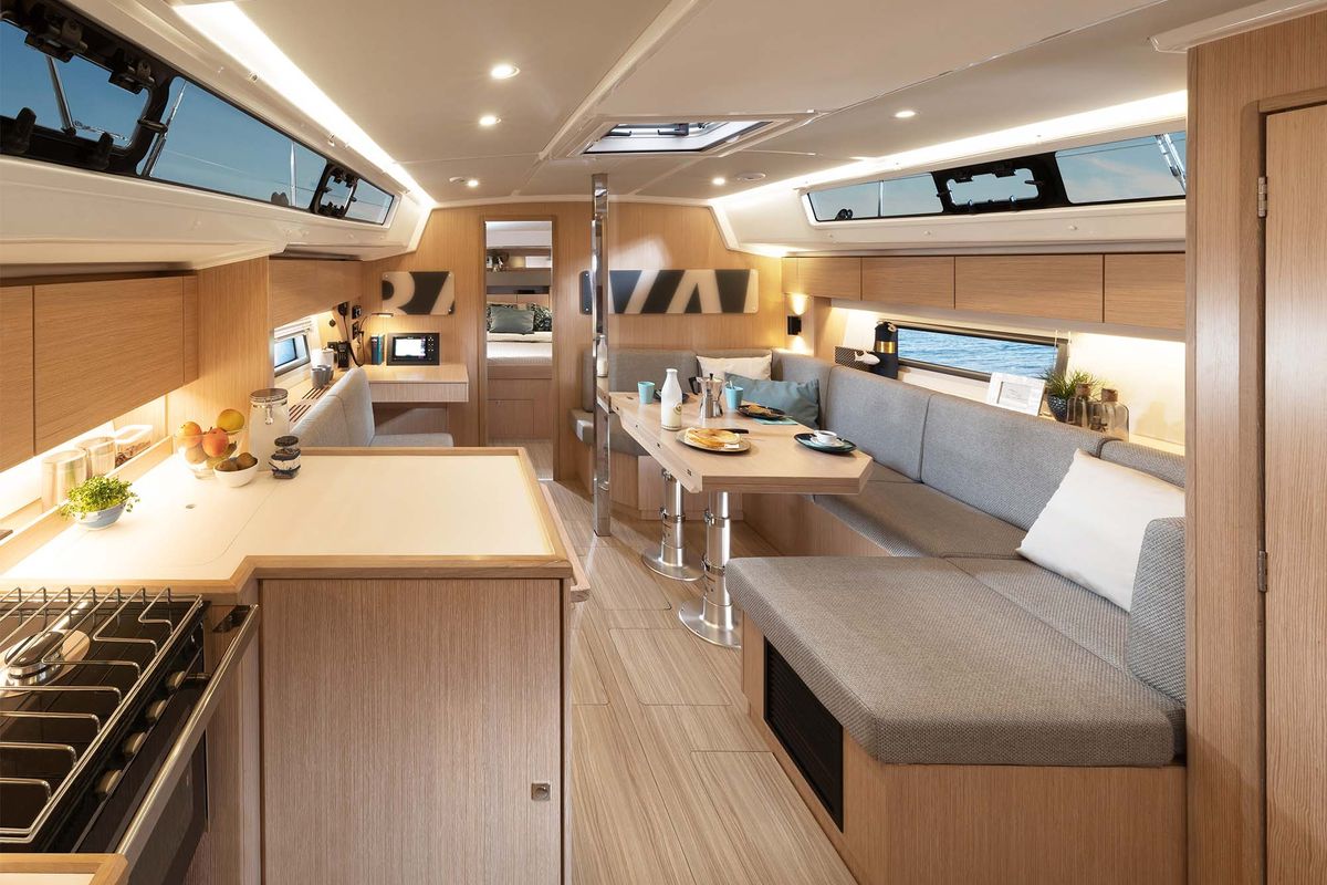 Salon of ABBIE, a Bavaria C42 sailboat at Kontokali, Greece