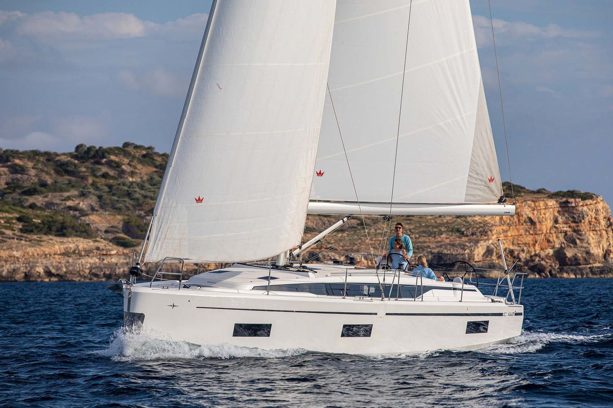 Exterior view of ABBIE, a Bavaria C42 sailboat at Kontokali, Greece