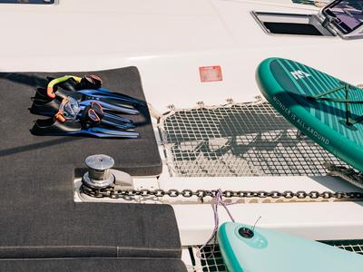 Deck of PNOE, a Lagoon 42 catamaran at Municipality of Kalamata, Greece