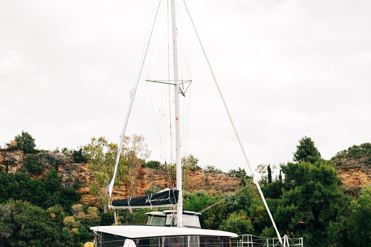 Exterior view of PNOE, a Lagoon 42 catamaran at Municipality of Kalamata, Greece