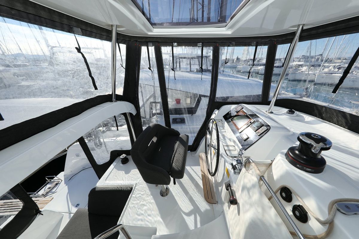 Cockpit of Madre Perla, a Lagoon 42 catamaran at Općina Sukošan, Croatia