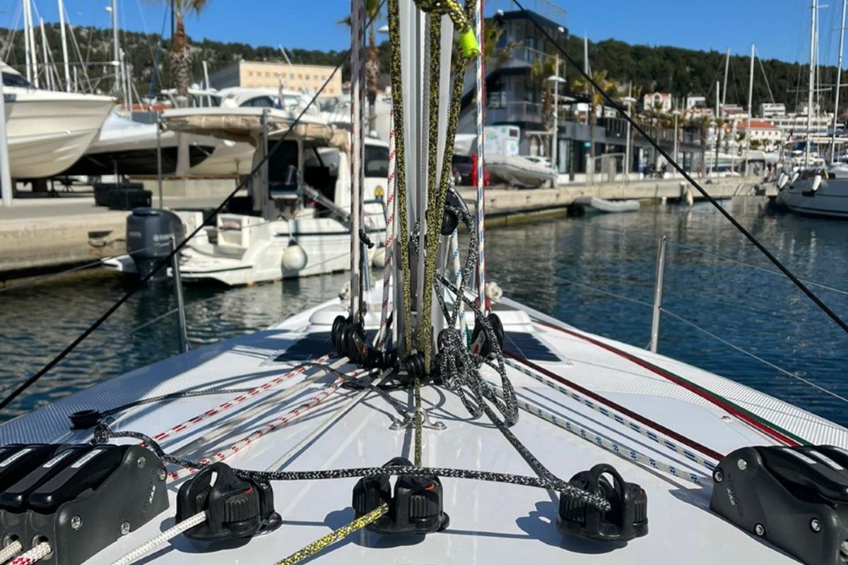 Deck of Šuferina, a Beneteau First 27 sailboat at Split, Croatia