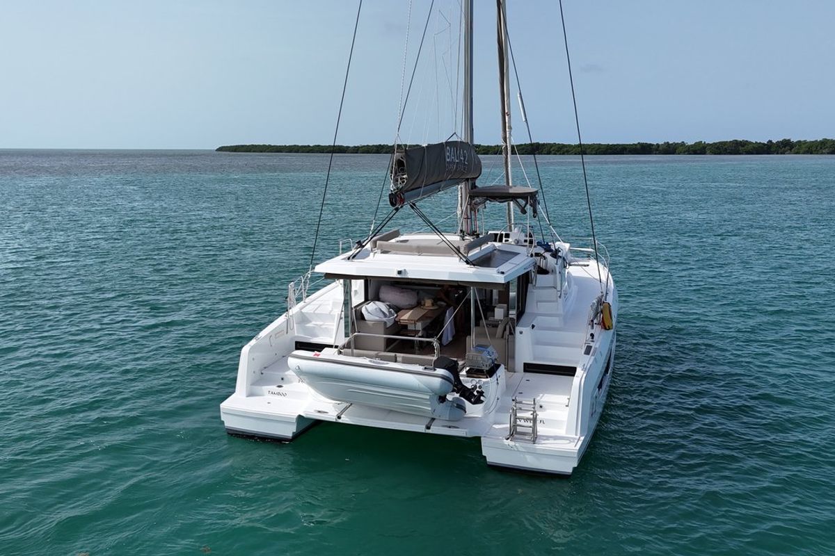 Exterior view of Tamboo, a Bali 4.2 catamaran at Central Abaco, Bahamas